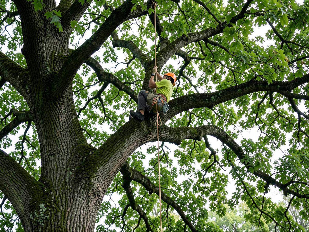 Climbing arborist reducing the crown of a mature tree