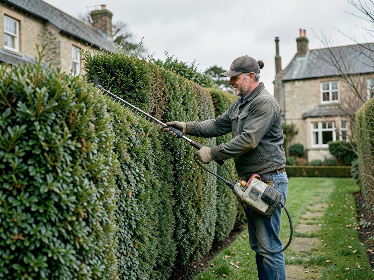 Hedge being trimmed at a country property