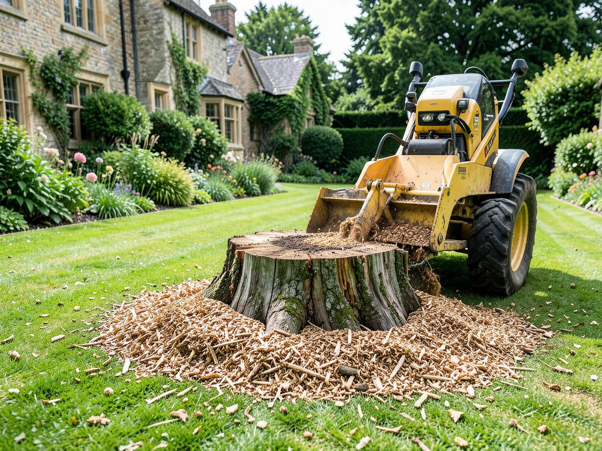 Stump grinder reducing a tree stump on a lawn