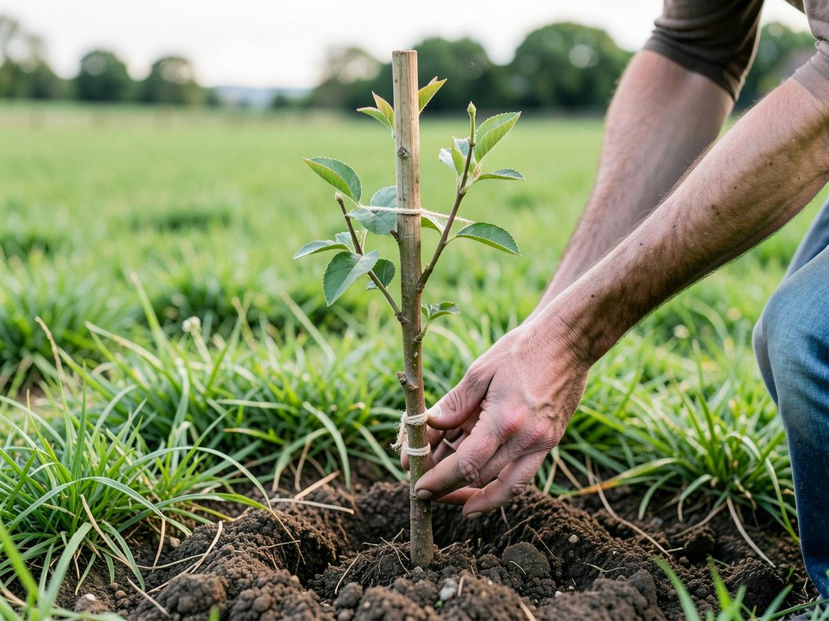 Young tree being planted and staked